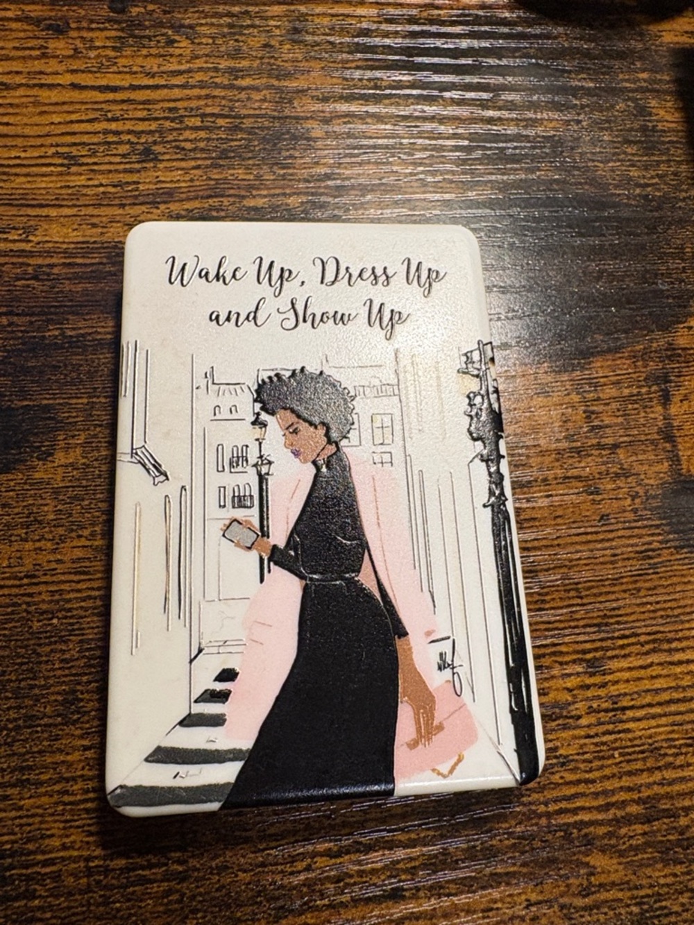 Wake Up, Dress Up and Show Up Decorative Compact Mirror - Pink & Black